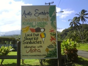 The fruit stall at Heanae Landing where we got banana bread and fresh coconut.
